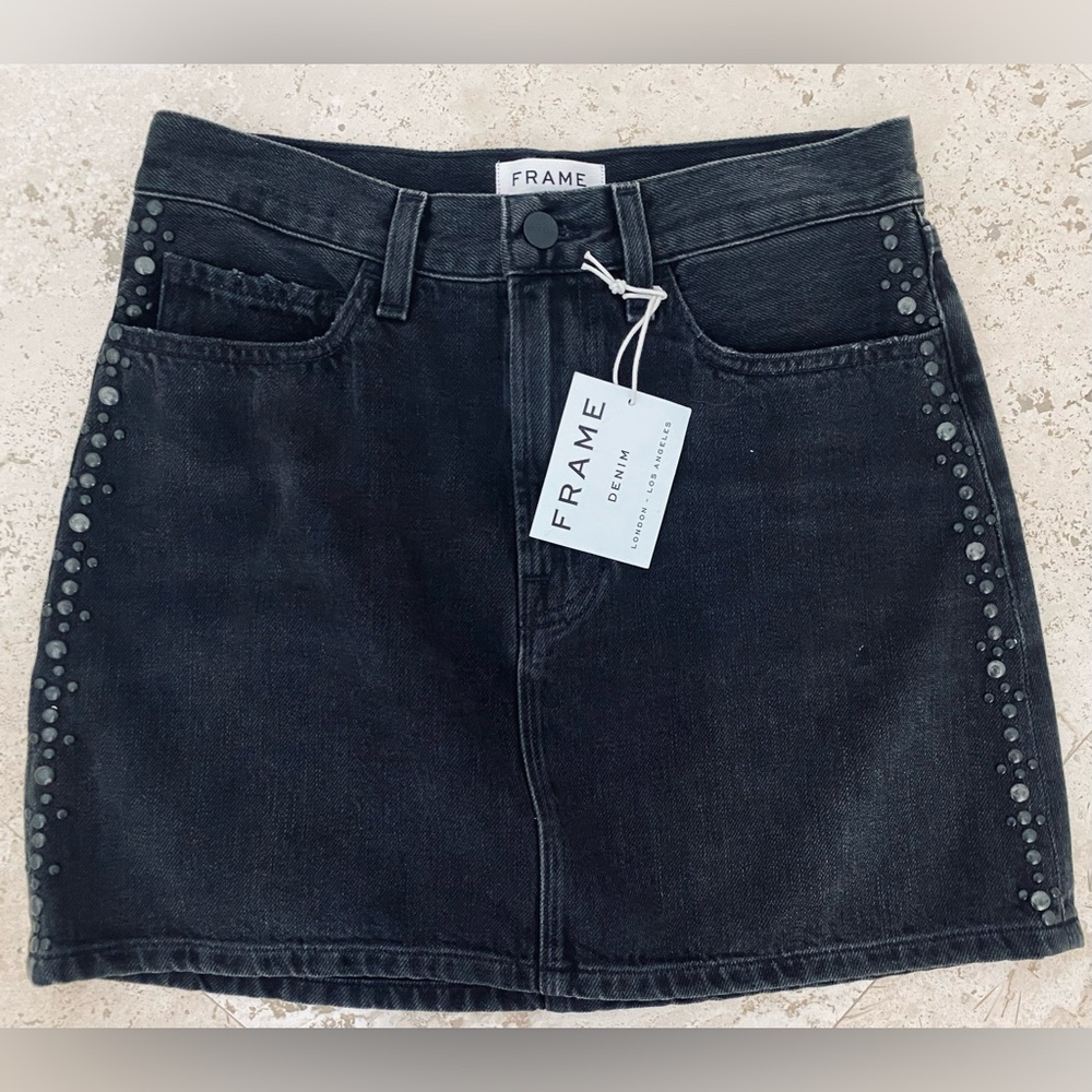 FRAME BLACK DENIM SKIRT WITH TONAL STUD DETAIL